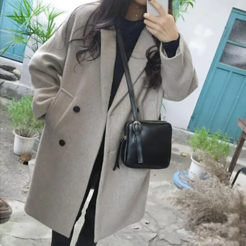 OEAK/Новое тонкое шерстяное пальто, модное женское пальто с длинными рукавами и отложным воротником, верхняя одежда, куртка, повседневное осеннее зимнее пальто - Цвет: beige grey