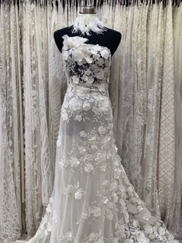 

3d handmade flower beads embroidery lace fabric new model fashion off white color bridal dress cloth romantic pretty style