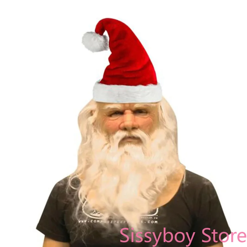 Funny Santa Claus Full Latex Mask Wig Beard Christmas Holiday Face Mask Headgear 