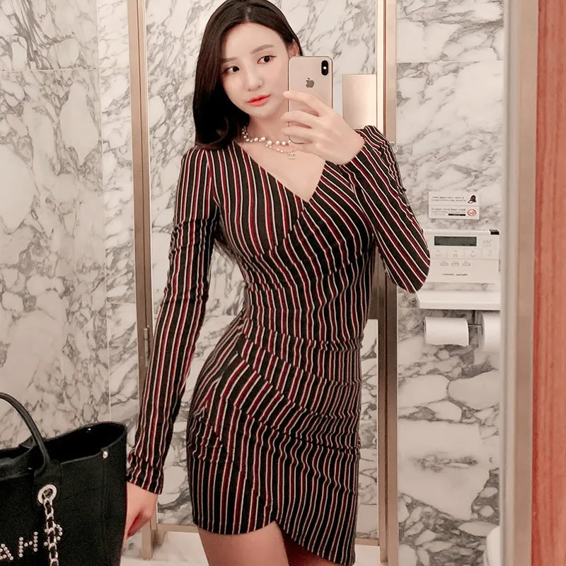

Autumn Long Sleeved Colorful Striped Women Cloth Mini Bodycon Irregular Vintage V-Neck Sexy Dress