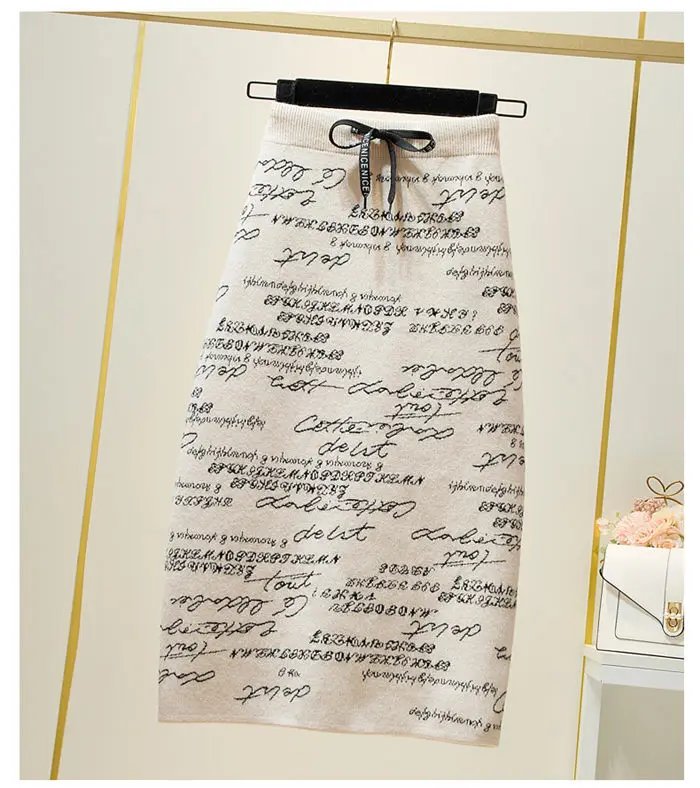 Imitation Rabbit Fur Core-Spun Yarn Skirt Women Spring And Autumn Midi Letter Print Knit Skirt High Waist Package Hip Jupe y1078 white pleated skirt