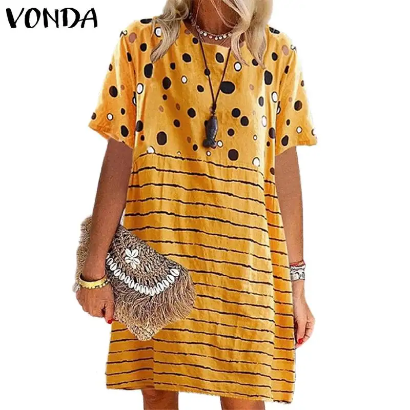 VONDA/платье для беременных; Повседневное платье с круглым вырезом и коротким рукавом в полоску; платье для беременных; летний сарафан; свободное богемное платье Vestidos - Цвет: Цвет: желтый