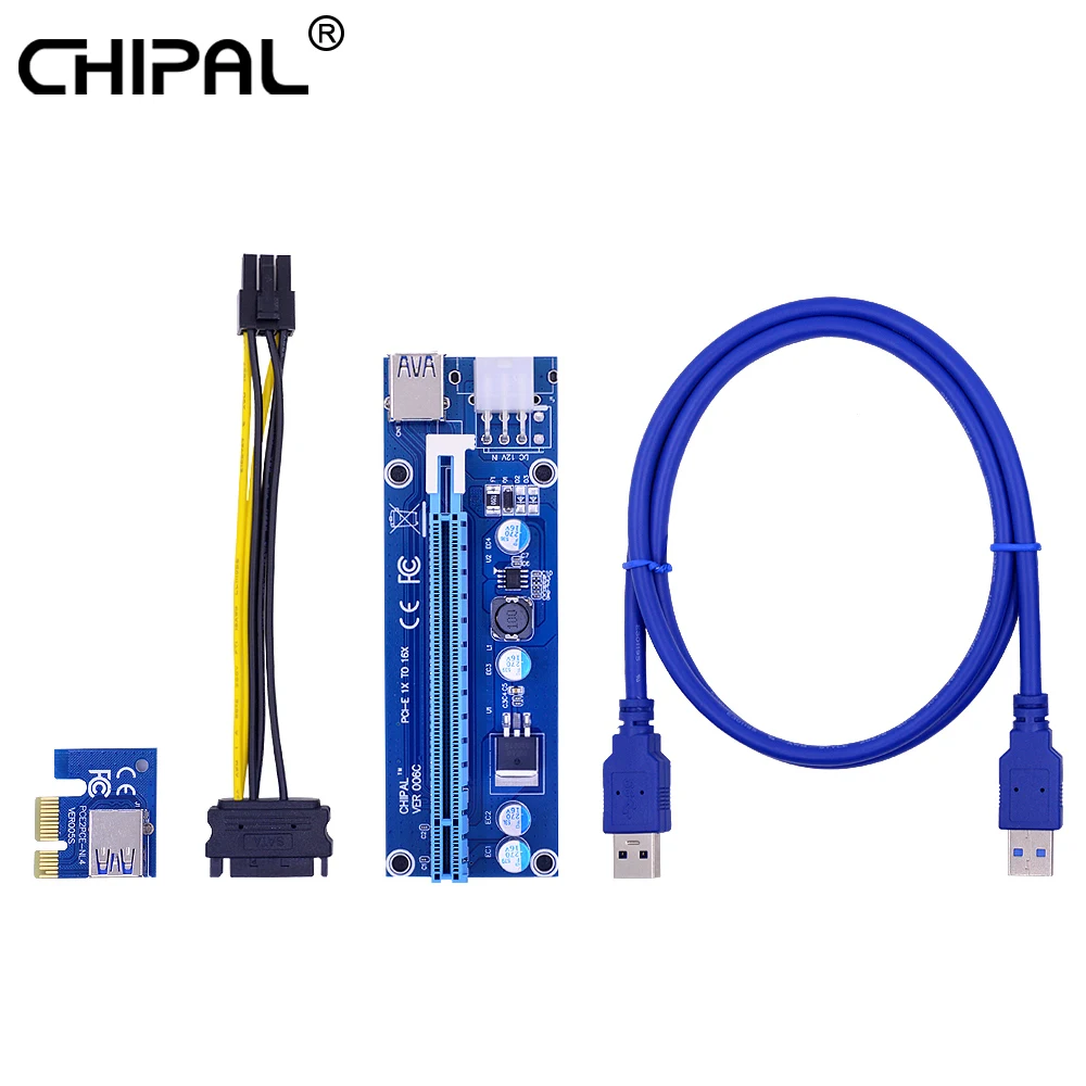 NVMe to PCIE Adapter Card CHIPAL VER006C PCI-E Riser Card PCI Express X1 to X16 Extender USB 3.0 Cable SATA to 6Pin Power for Video Card