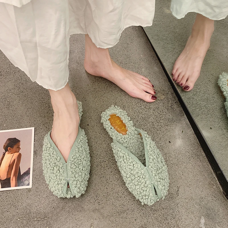 Wool roll slippers korean flats close toe winter woman fur slides brief solid casual lazy flip flops female furry loafers plush