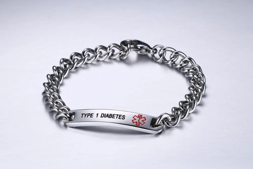 Mens Womens Stainless Steel Medical Alert ID Bracelets TYPE 1 DIABETES 45