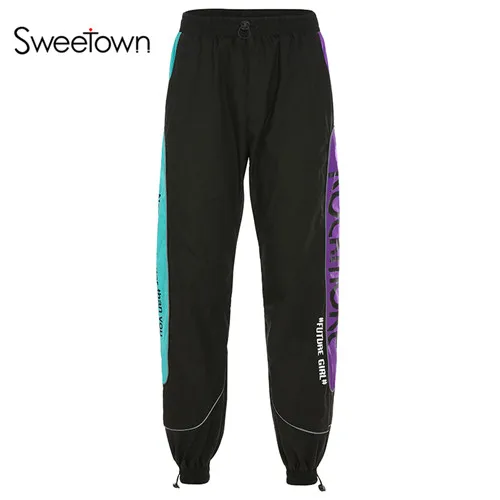 black Sweetown/разноцветные Джоггеры для женщин; мешковатые брюки; уличная одежда с карманами и высокой посадкой; брюки в стиле пэчворк; светоотражающие спортивные брюки в стиле хип-хоп - Цвет: black