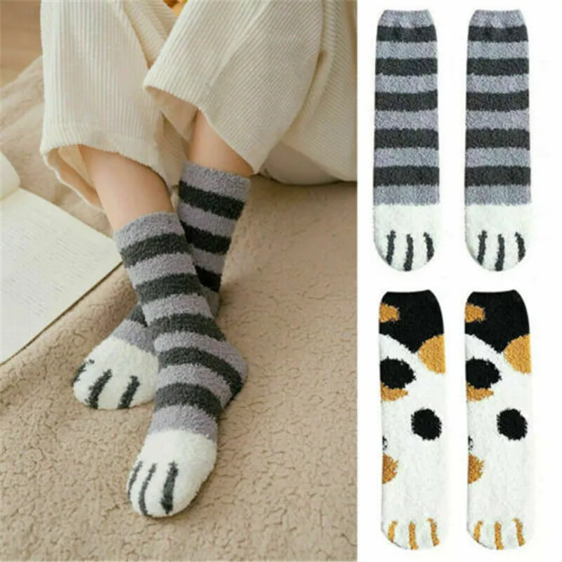 

New Hot 1 Pair of Plush Coral Fleece Socks Female Tube Socks Autumn Winter Cat Claws Cute Thick Warm Sleeping Floor Socks Lady