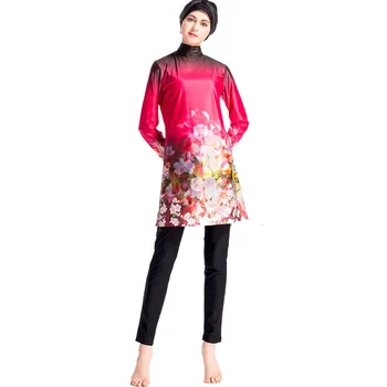 

Plus Size Swimsuit L-4XL Flowers Printing China Red Female Muslim Swimming Suit Woman Conservative Swimwear Muslim Tops Pants