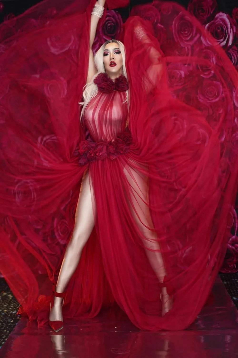Новые Красные цветы Прозрачное платье День рождения, празднование платье Вечернее бар вокальное шоу сценический наряд танцевальное длинное платье