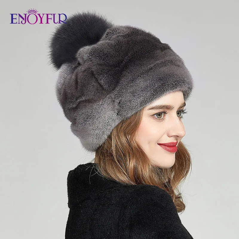 ENJOYFUR Women's Real Mink Fur Beret Hat - Genuine Fur Winter Beanie, Knitted Warm Hat