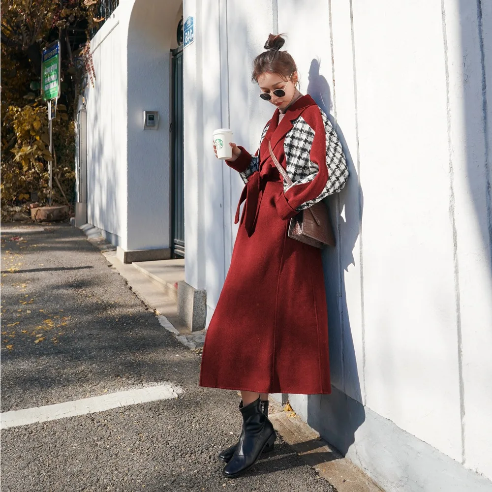 

Photo Shoot French Laziness-Style Plaid Stitching Woolen Jacket 2019 Winter New Style Retro Waist Hugging Long Duffle Coat