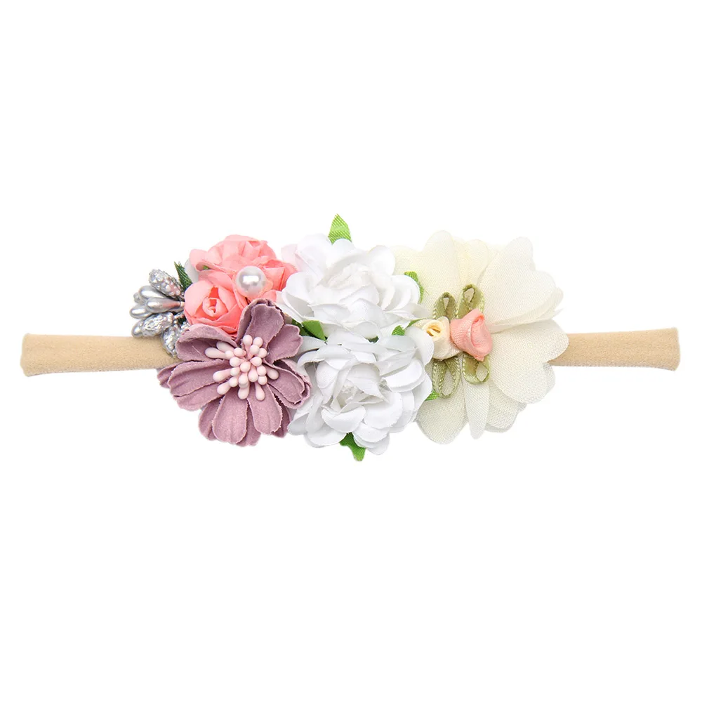 IBOWS Hair Accessories Lovely Baby Headband Fake Flower Nylon Hair Bands For Kids Artificial Floral Elastic Head Bands Headwear - Цвет: 41