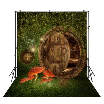 

HUAYI green plsnts mushroom and wooden door photo shoot background backdrop for taking photo of wedding D-9041