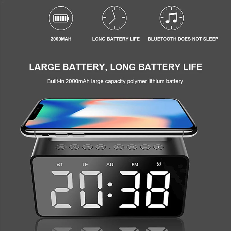  Wireless Charger Bluetooth Subwoofer Speaker 2 Alarm Clock USB Charging for LED Mirror Phone Portab