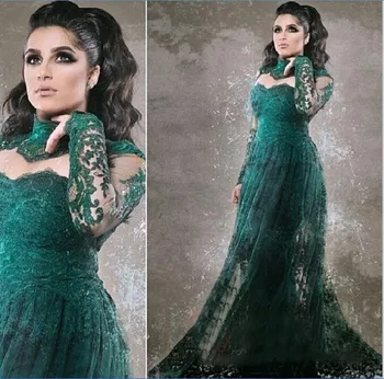 

Evening Gown robe de soiree High Neck Lace Long Sleeve Green Transparent Sheer Prom 2016 Middle East mother of the bride dresses
