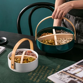 

Ceramics Snack Candy Tray with Lid Multi-purpose Tray with Handle Home Living Room Compartment Fruit Basket Kitchen Storage