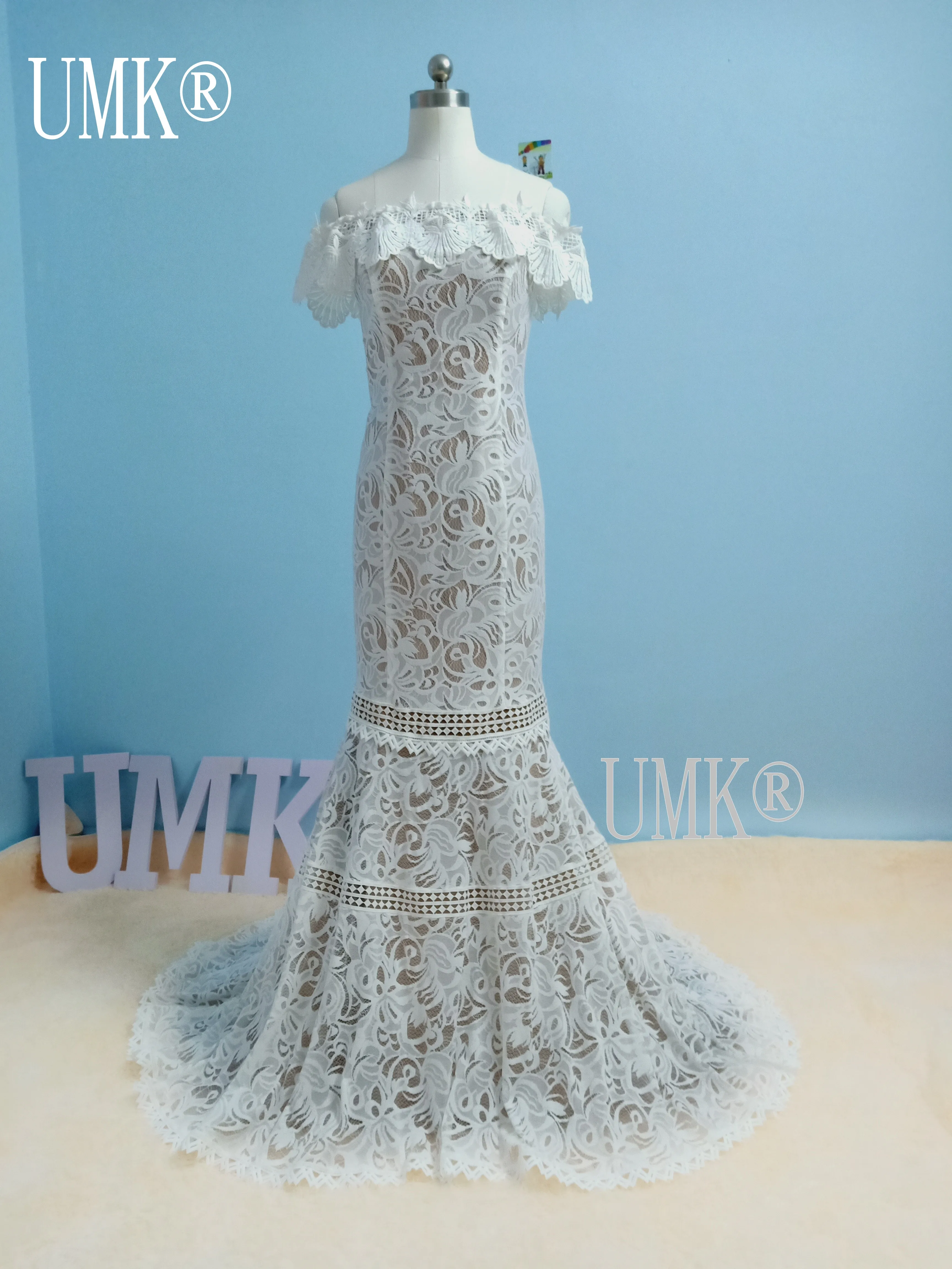 UMK винтажное Бохо свадебное платье кружевное с открытыми плечами Vestido de Noiva Элегантное свадебное платье Русалка