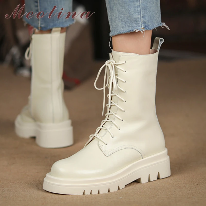

Meotina Genuine Leather Riding Boots Women Shoes Med Calf Platform Flat Boot Zipper Round Toe Ladies Boots Winter 34-42 Beige