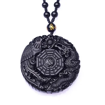

Drop Shipping Natural Black Obsidian Carving Dragon and Phoenix Necklace Pendant Obsidian BaGua Lucky Pendant Healing Reiki Gift