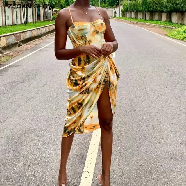 2020 Women Vintage Yellow Tie dye Flower print  Spaghetti Strap Dress Hem Slim Waist Slit Irregular Long Dresses Sling Vestido 1