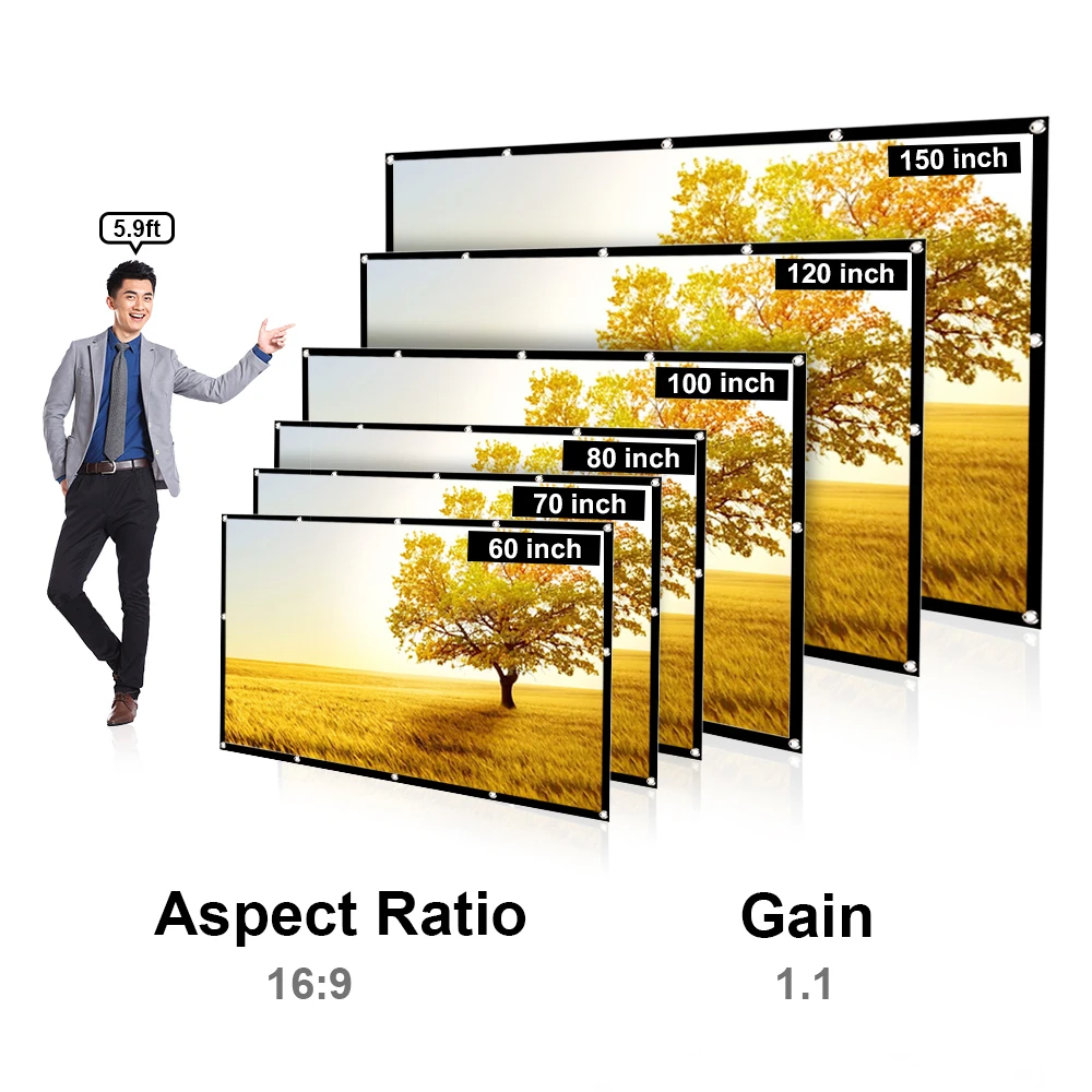 6 Size Project Screen Portable 120in HD Projector Screen 169