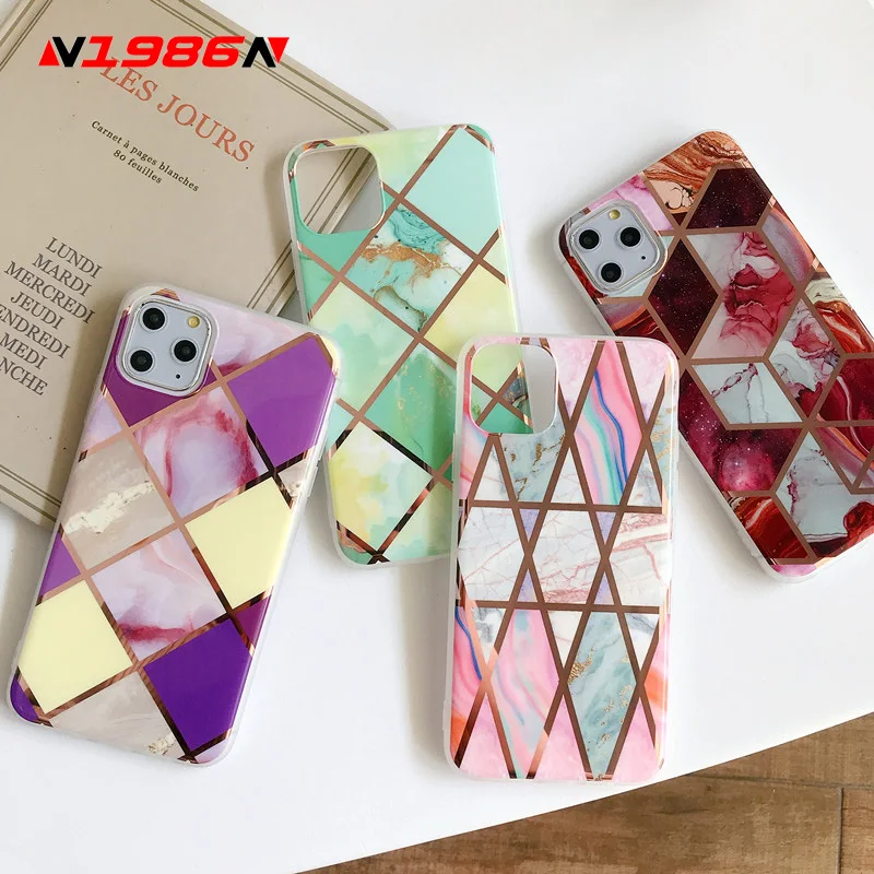 

N1986N For iPhone 11 Pro X XR XS Max 6 6s 7 8 Plus Phone Case Luxury Splice Marble Electroplated Colorful Shiny IMD For iPhone X