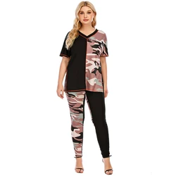 5XL Plus Size Woman Casual Tracksuit Camouflage Stitching Suit 2 Set Piece Set Tops T-Shirt Long Pants Pockets Clothing Suit D30