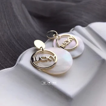 

Free Shipping Fashion Gold Drop Earrings For Women Round Shell with Lucky Words Geometric Earring Brincos Ethnic Vintage Jewelry
