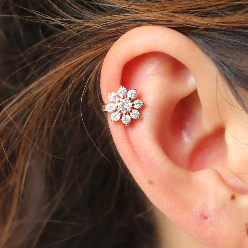 Single Aaa Cz Flower Rose Gold Ear Cuff Earring Wrap Clip Earrings
