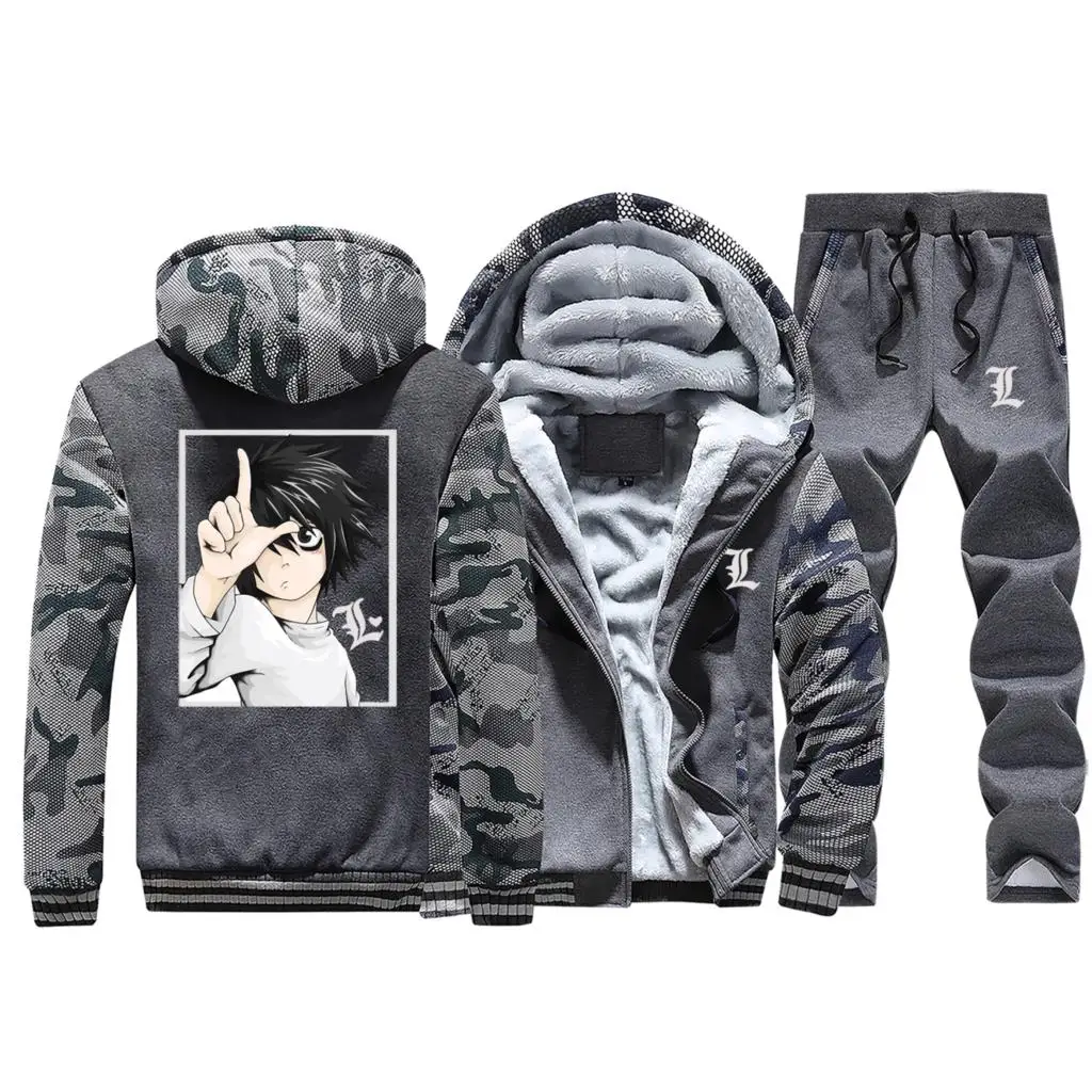 Dark Gray Зимняя мужская Толстая Толстовка с капюшоном, толстовки с капюшоном в стиле аниме, толстовка с капюшоном, Мужской флисовый теплый костюм, японский спортивный костюм, куртка+ штаны, комплекты из 2 предметов - Цвет: Dark Gray