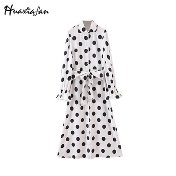 

Huaxiafan Sweet Turn-down Collar Dresses Women Fashion Bow Dot Printed Dress Women Elegant Long Sleeve Long Dress Female Ladies