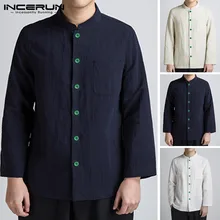 INCERUN китайский стиль новинка Мужская молодежная хлопковая рубашка Весна Лето Мужская Однотонная рубашка с воротником-стойкой с длинным рукавом Тонкая мужская рубашка