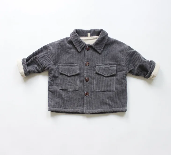 Детские зимние вельветовые Утепленные Пальто в Корейском стиле; детские короткие куртки; рубашки с флисовой подкладкой; Верхняя одежда для маленьких мальчиков