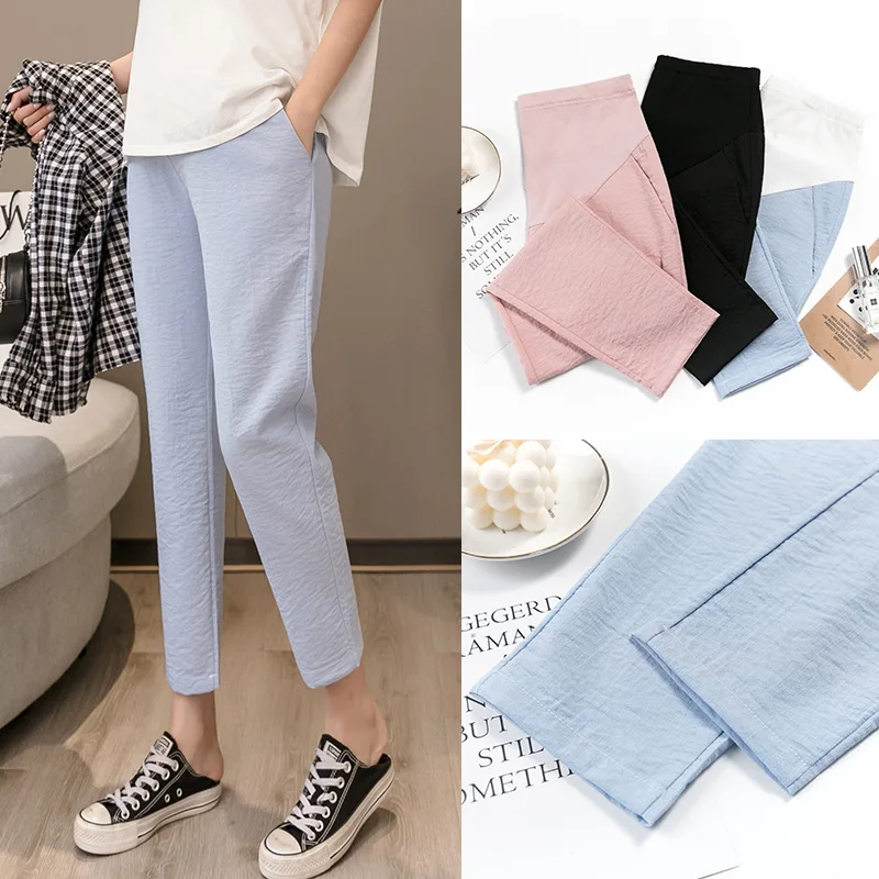 Summer Maternity Cotton Linen Pants Leisure Loose Pregnant Women Clothes High Elastic Waist Pregnancy Trousers Black Pink Blue 3