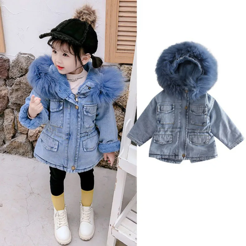 Blue Fur Collar Коллекция года, зимние куртки для маленьких девочек утепленные вельветовые Теплые джинсовые пальто с меховым капюшоном, пальто с воротником, детские парки для детей возрастом от 2 до 6 лет - Цвет: Blue Fur Collar