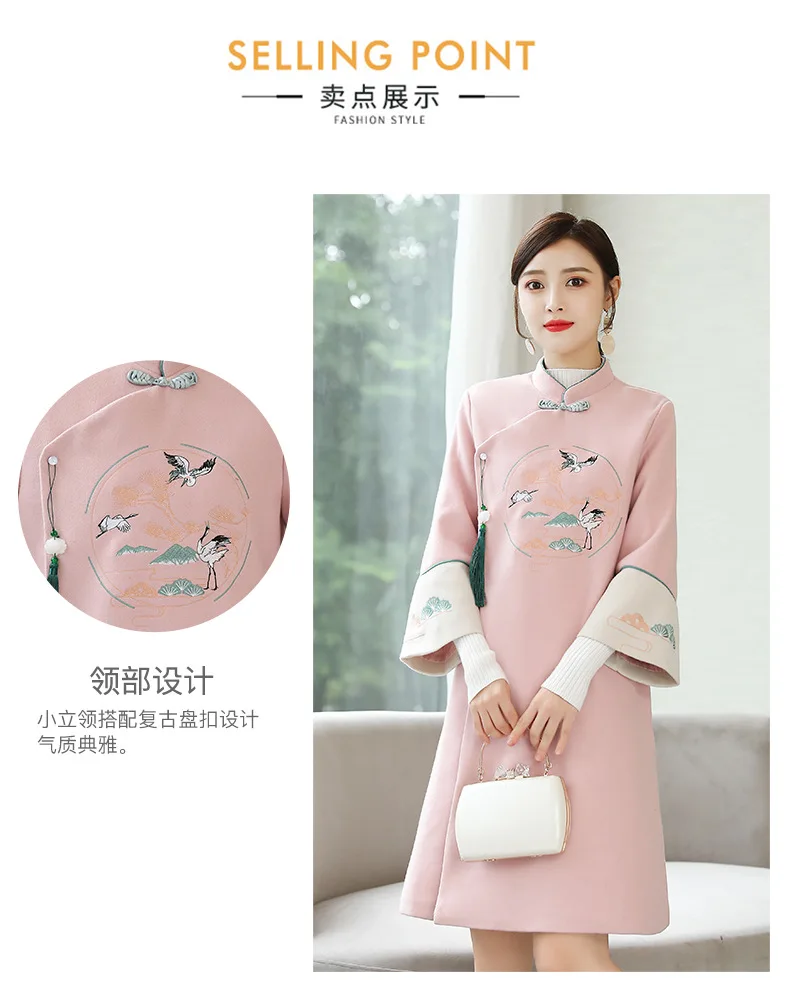 Зимняя плотная стеганая Улучшенная Китайская одежда Cheongsam модная шерстяная куртка большого размера в стиле ретро с вышивкой плащ