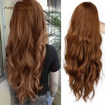 Long Mix Brown Womens Wigs with Bangs Water Wave Heat Resistant Synthetic Wigs for Women African American 1