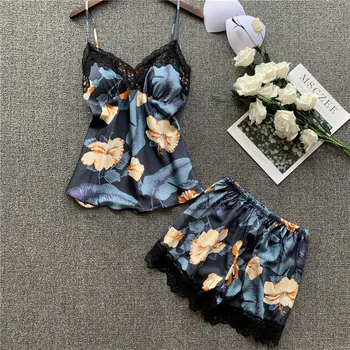 

Spring New Pajamas Woman Sexy Imitate Real Silk Printing Camisole Shorts Suit Nightwear