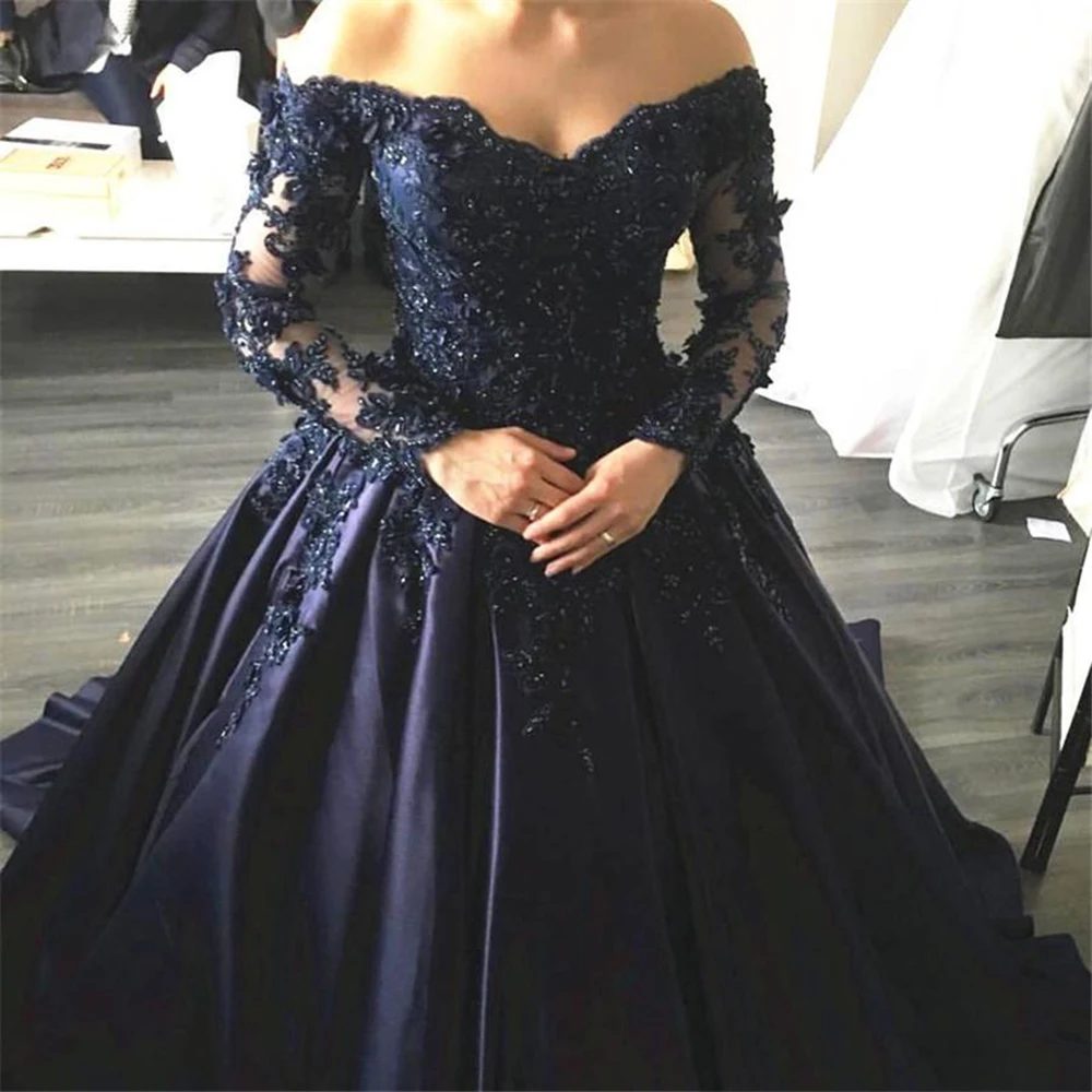 Ball Gown Navy Blue Evening Dresses 2020 Long Sleeves Satin Appliques Lace  Beading Formal Prom Party Gowns Off Shoulder Dress - Evening Dresses -  AliExpress