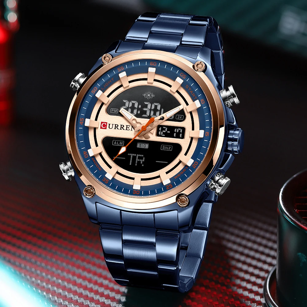 NEW CURREN Casual Dual Display Sporty Wristwatches For Men LED Chronograph Alarm Watch Fashion Quartz Luminous Stainless Steel | Наручные