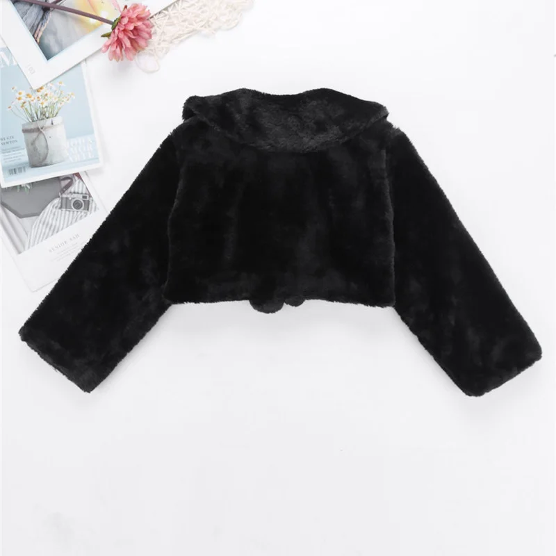 Winter Baby Girls Birthday Faux Fur Long Sleeve Coat With 2 Ribbons Pompon for Flower Girls Dress Jacket Kids Wedding Party Wrap