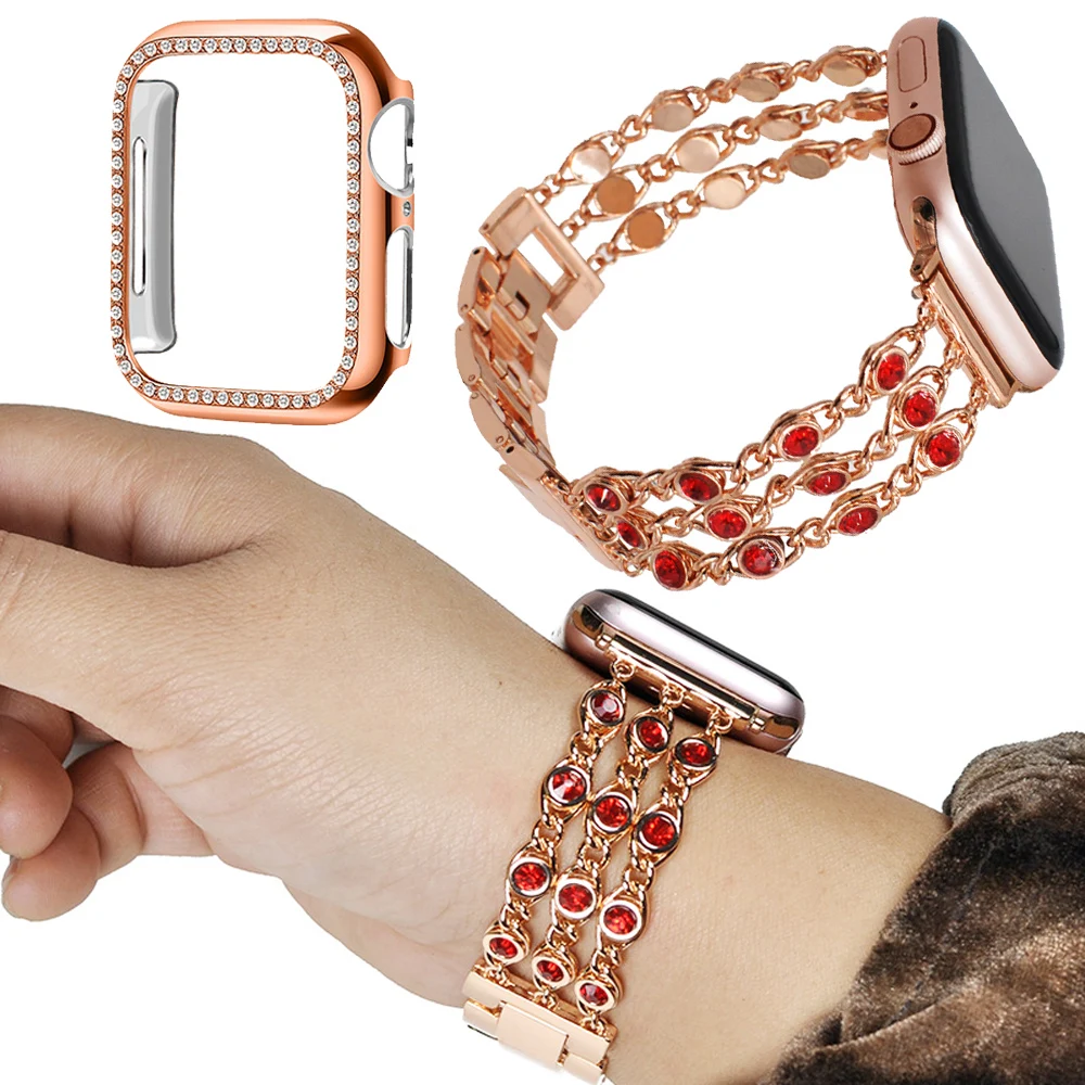 Ремешок для Apple Watch Band 44 мм 40 42 38 браслет из нержавеющей стали с бриллиантами +