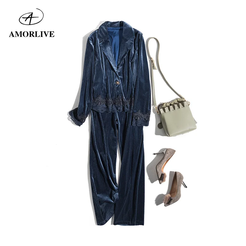 

AMOR LIVE Gold Silk Corduroy Lace Blue Blazer Jacket Casual Blazer & High Waist Pant Office Lady 2 Pieces Set Wide Leg Pants