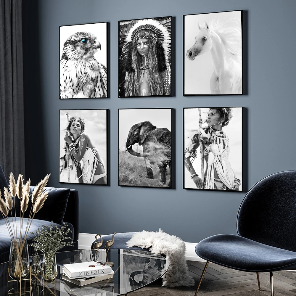 Liar Boho Wanita Hitam Putih Poster Nordic Dinding Kanvas Seni