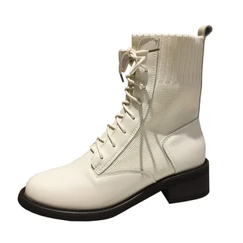 

Hot Flat Square Heel Motorcycle Boots Women Sock Boots Fall Winter 2020 Warm Elastic Short Ankle Boots Platform Office Shoe