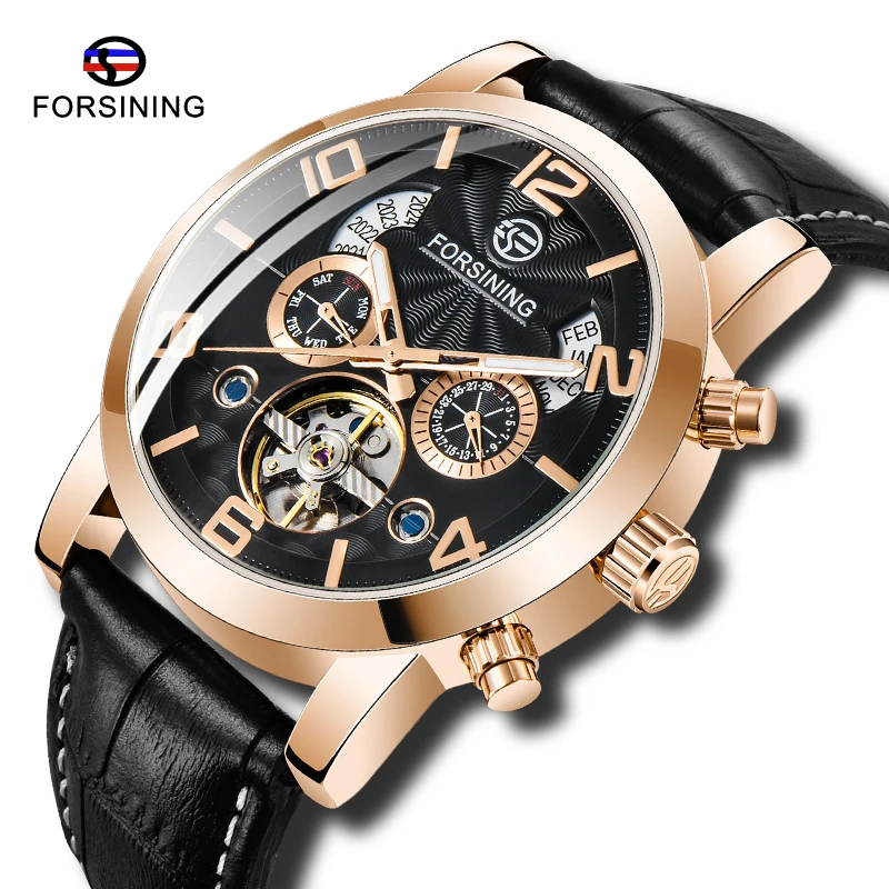 Роскошные розовые золотые FORSINING подлинный ремень Tourbillion Чехол для мужчин автоматические механические часы светящиеся стрелки часы