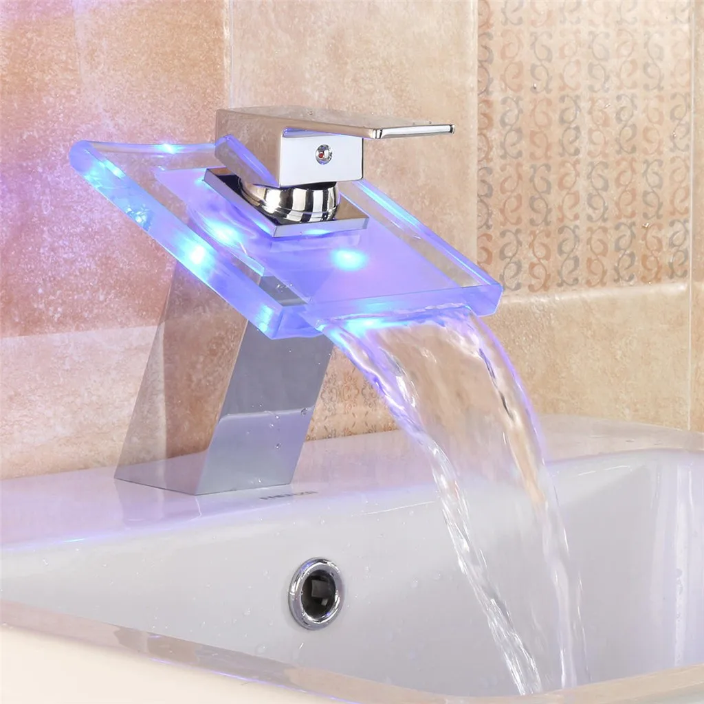  Water Faucet Chrome Finish LED Color Changes Glass Waterfall Basin Bathroom Tub Sink Mixer Tap Sing - 4000087058733