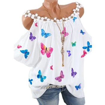 

Vicabo Big Vintage Blusas Mujer De Moda 2020 Butterfly Print Shirts Summer New Office Lady Shirt Off Shoulder Lace-up Blouse