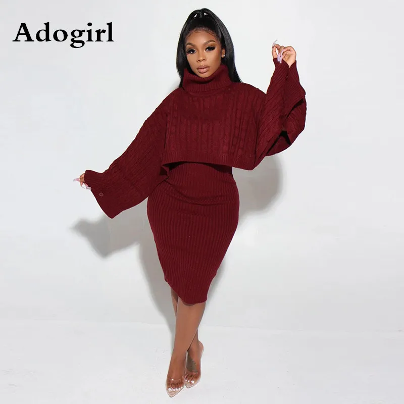 

Womans Sweater Cape Pullover +Spaghetti Straps Bodycon Dress Female Casual Two-Pieces Suits Loose Turtleneck Sweater Knit Suit