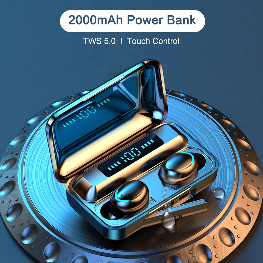 TWS 5,0 Bluetooth наушники 9D с шумоподавлением HiFi беспроводные наушники сенсорное управление гарнитура 2000 мАч Внешний аккумулятор PK QCY наушники